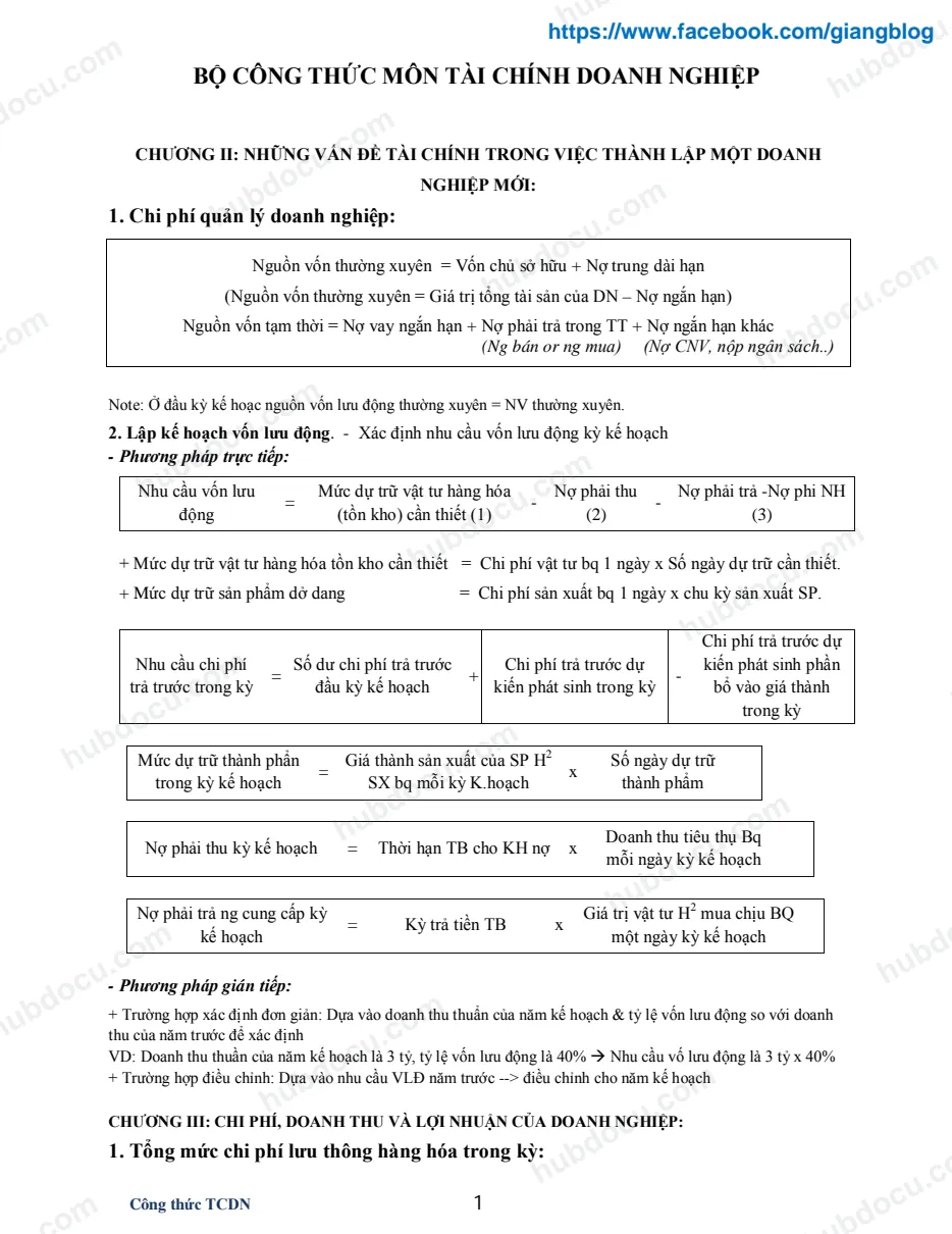 Toàn bộ công thức môn Tài chính doanh nghiệp