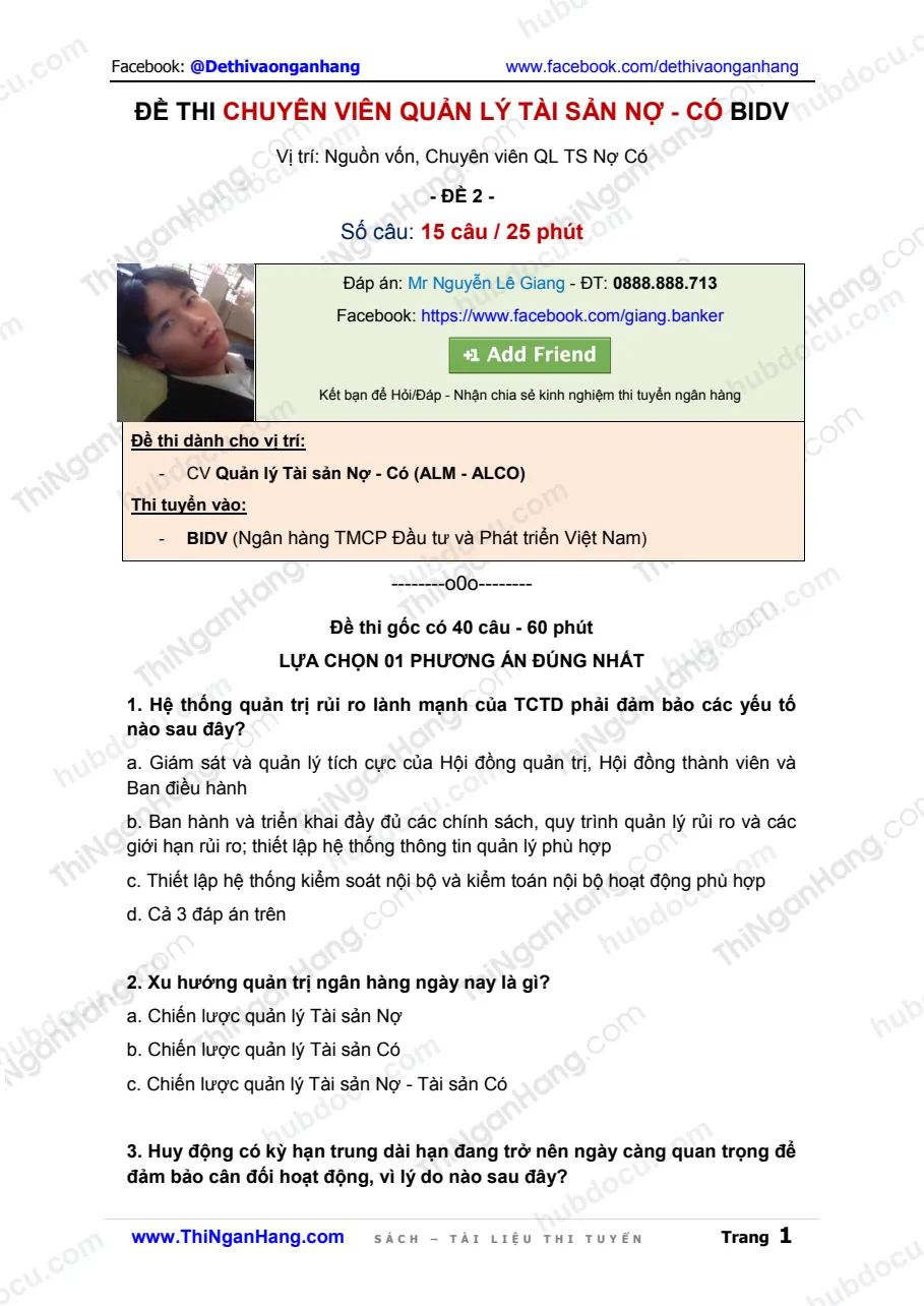 Đề thi CV Quản lý Tài sản Nợ - Có BIDV 2015 (Đề 2)