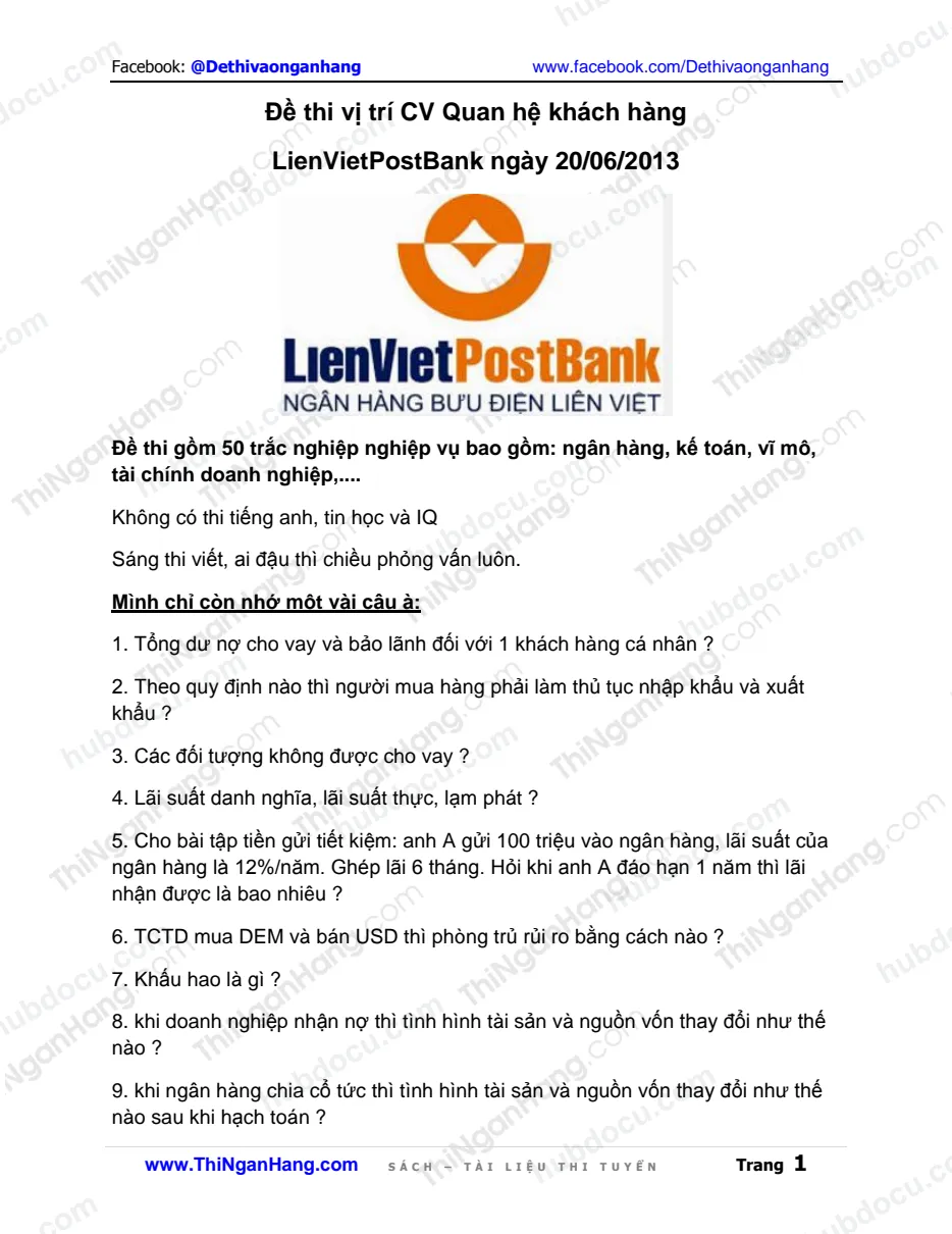 Đề thi CV QHKH LienVietPostBank 20-6-2013
