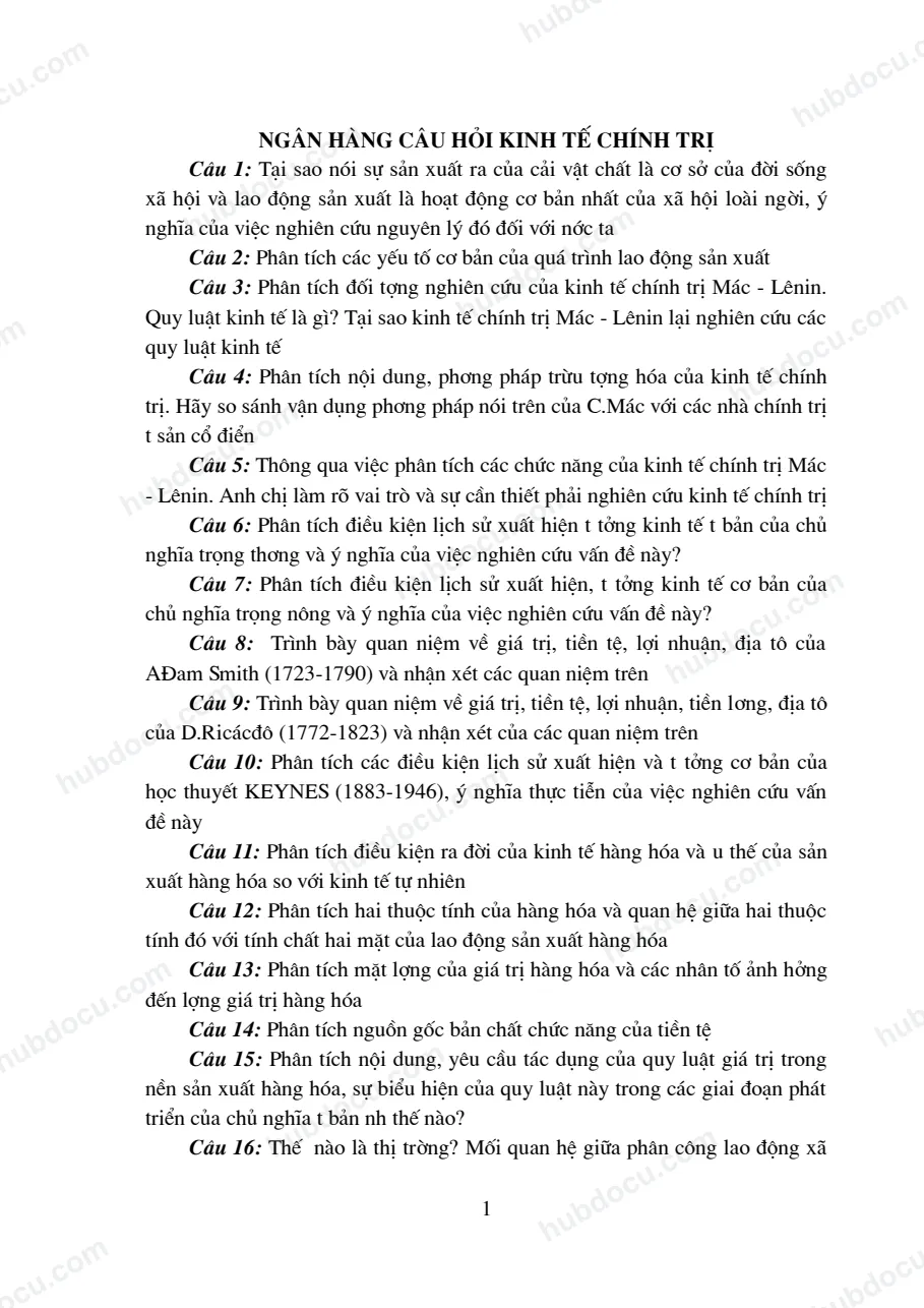 Câu Hỏi Kinh Tế Chính Trị (Có Đáp Án)