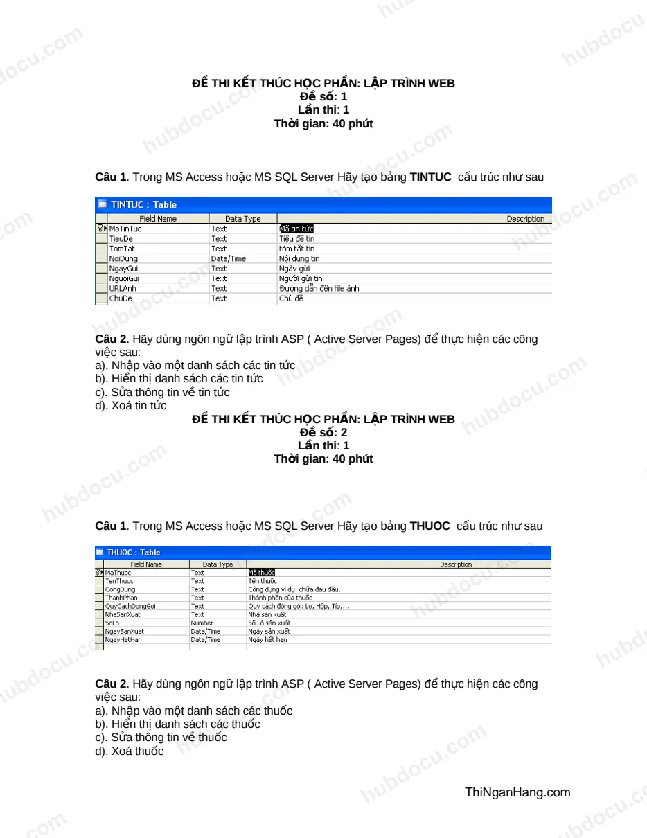 Đề thi kết thúc môn Lập trình web