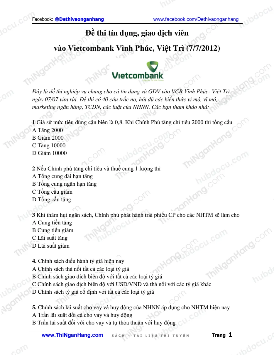 Đề thi Giao dịch viên-Tín dụng Vietcombank (VCB) Vĩnh Phúc - Việt Trì (7-7-2012)