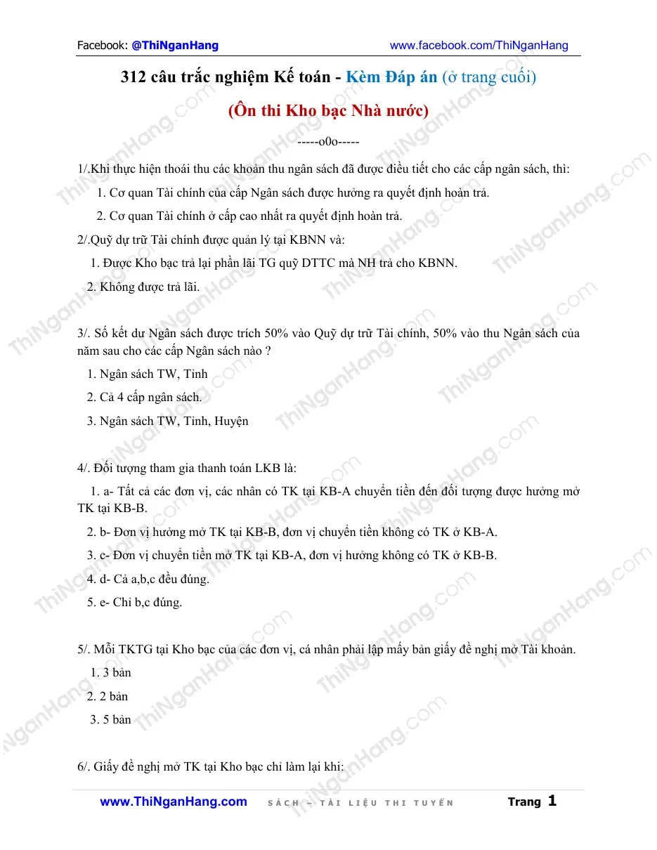 312 câu trắc nghiệm Kế toán ôn thi Kho Bạc Nhà nước (Có đáp án)