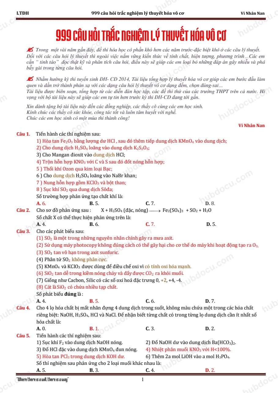 999 câu hỏi trắc nghiệm hóa vô cơ (có đáp án)
