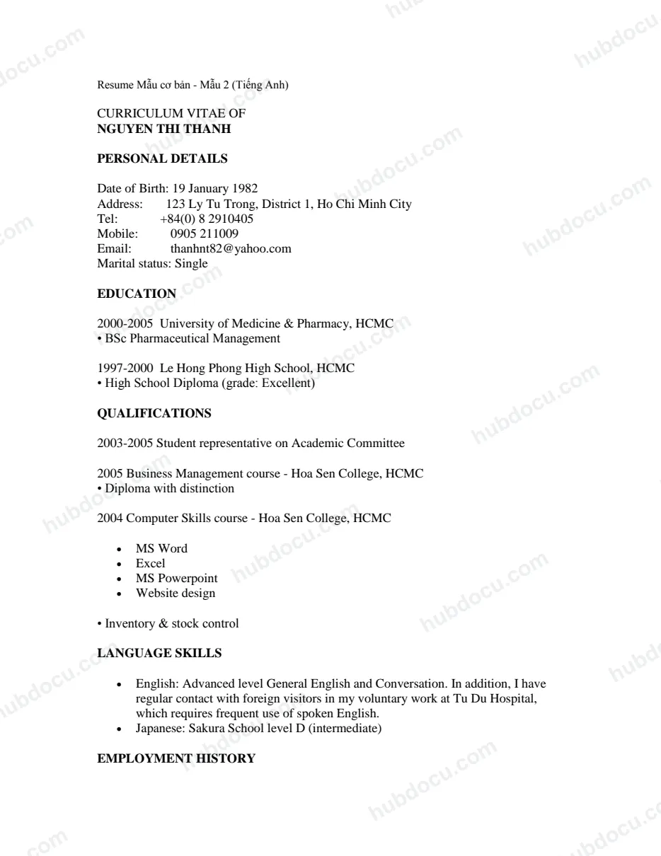 Mẫu Resume cơ bản (Mẫu tiếng Anh)