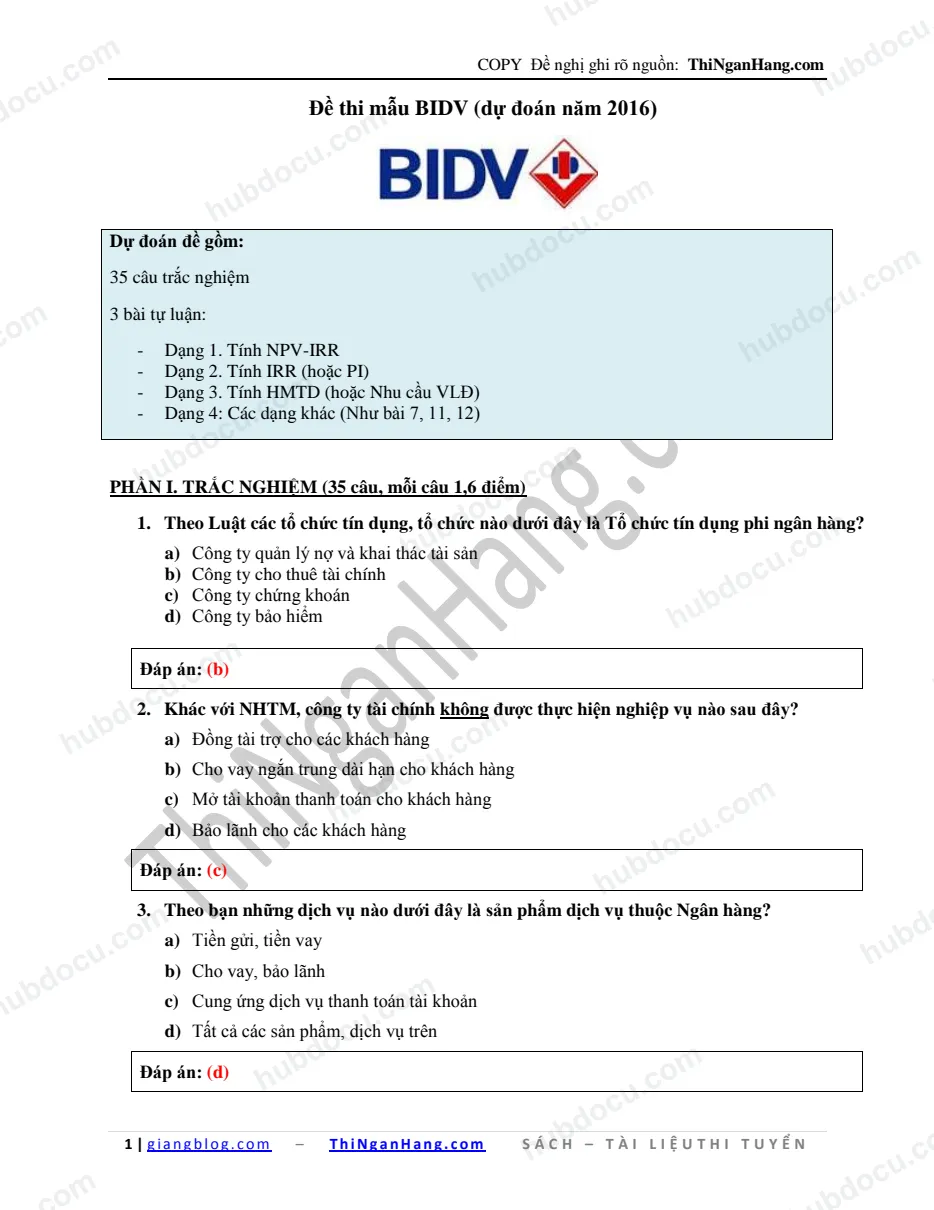 Giải đề thi mẫu - Đề thi BIDV 2016 (KEY)