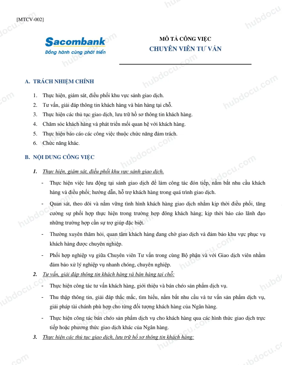 Chuyên viên Tư vấn Sacombank - Mô tả và Yêu cầu công việc