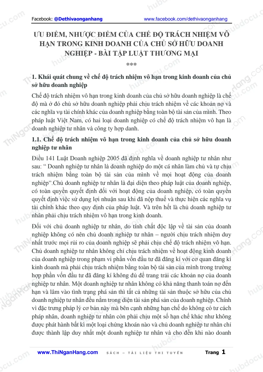 Ưu nhược điểm của chế độ trách nhiệm vô hạn trong kinh doanh của chủ sở hữu DN - BT Luật Thương mại