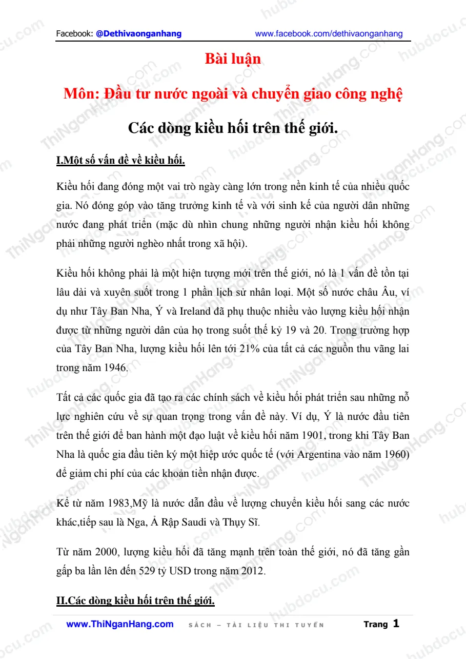 Bài luận môn Đầu tư nước ngoài và chuyển giao công nghệ - Các dòng kiều hối trên thế giới