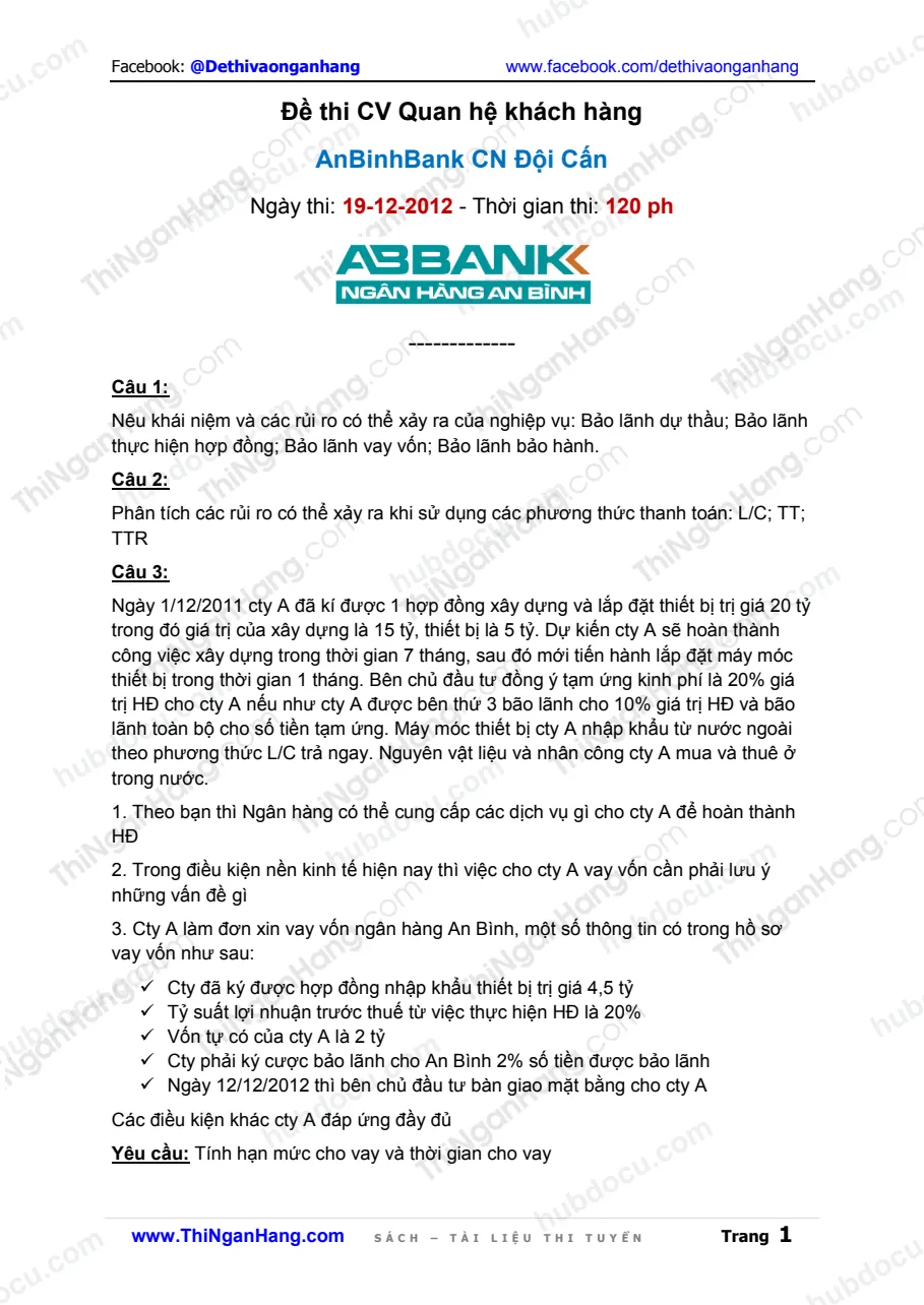 Đề thi nghiệp vụ ABBank Đội Cấn (19-12-2012)