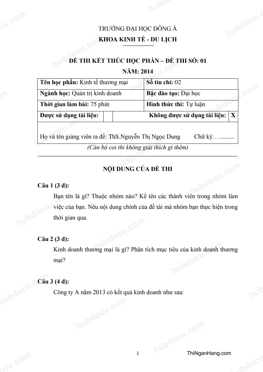 Đề thi và Đáp án Kinh tế thương mại - ĐH Đông Á