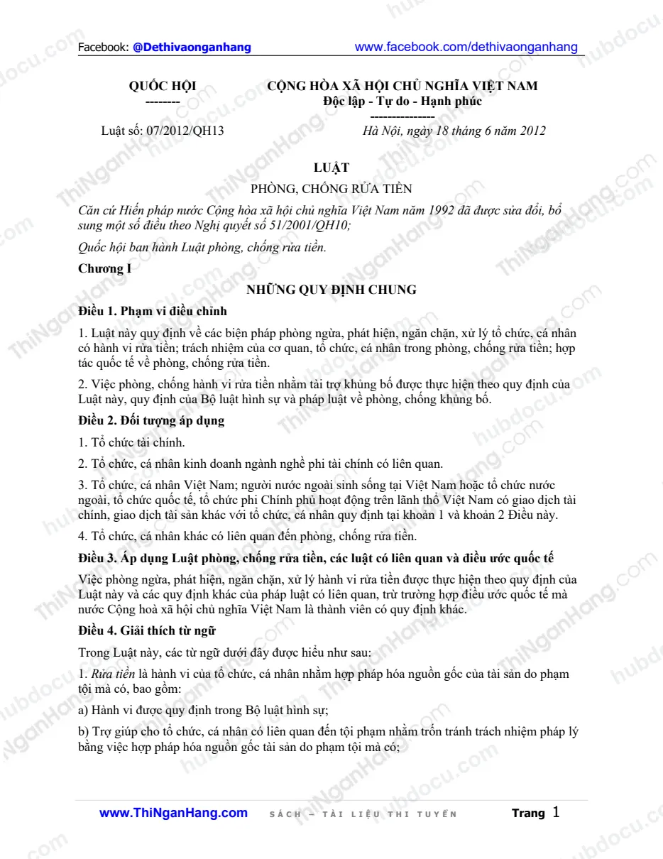 Luật 07-2012-QH13 - Luật phòng chống rửa tiền trong hệ thống TCTD