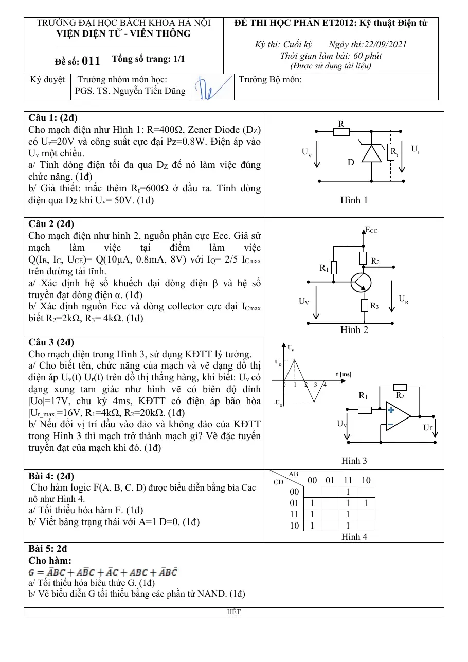 Đề thi học phần ET2012: Kỹ thuật Điện tử (DE011) - Nguyễn Tiến Dũng