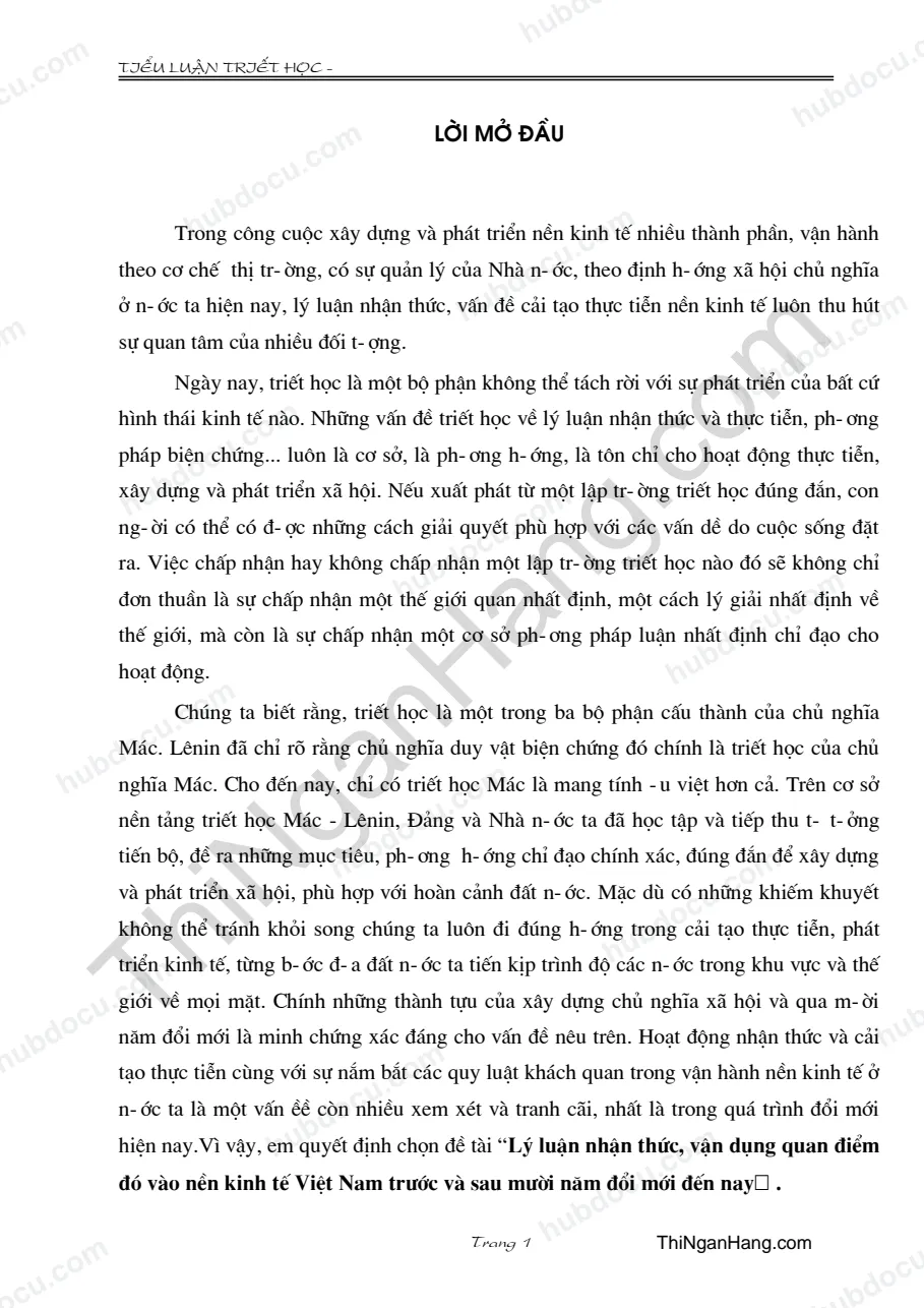 Tiểu luận - Lý luận nhận thức, vận dụng quan điểm đó vào nền kinh tế Việt Nam trước và sau mười năm đổi mới đến nay