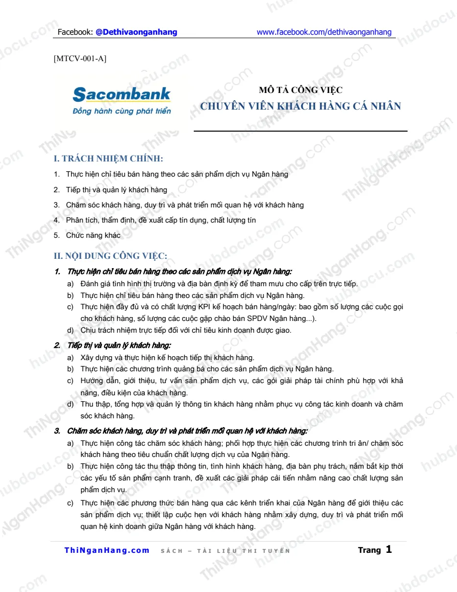CV Khách hàng cá nhân Sacombank - Mô tả và Yêu cầu công việc