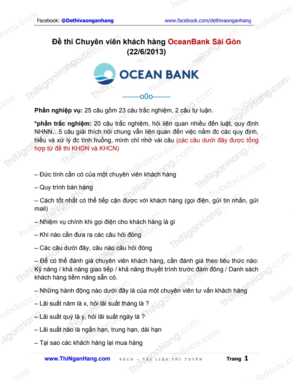 Đề thi CV khách hàng Oceanbank Sài Gòn (ngày 22-6-2013)