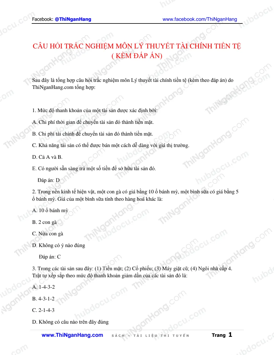 Câu hỏi trắc nghiệm Lý thuyết Tài chính Tiền tệ (Kèm Đáp án)