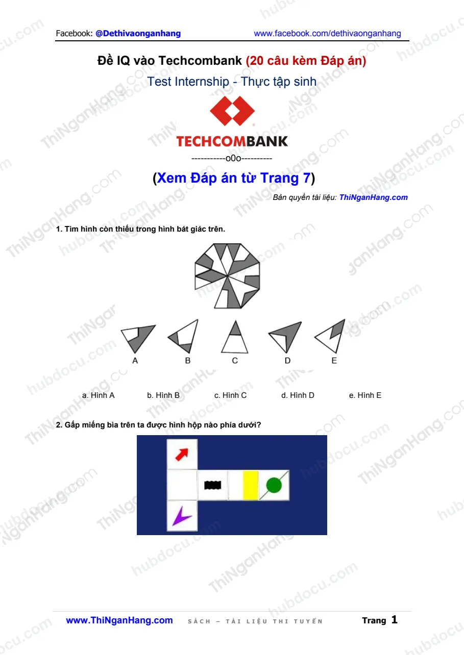 Đề thi IQ Thực tập sinh Techcombank (TCB) - 20 câu kèm Đáp án