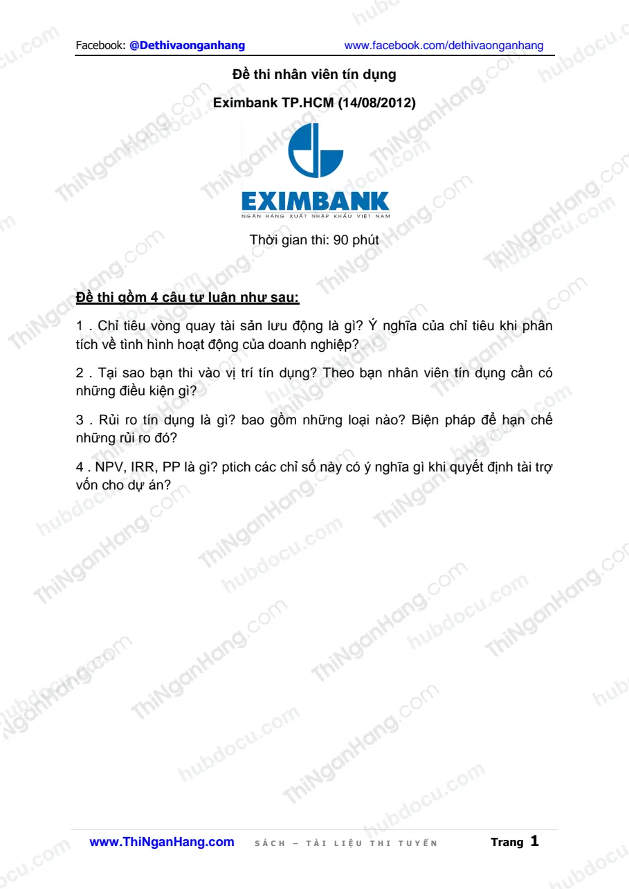 Đề thi nhân viên Tín dụng Eximbank TP Hồ Chí Minh (14-8-2012)