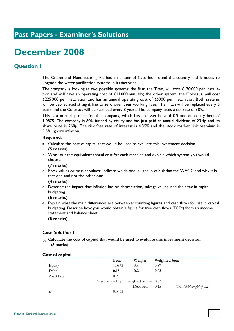 Finace exam (Đề thi môn Finance T12.2008) (Câu hỏi về chi phí vốn, chi phí hàng năm)