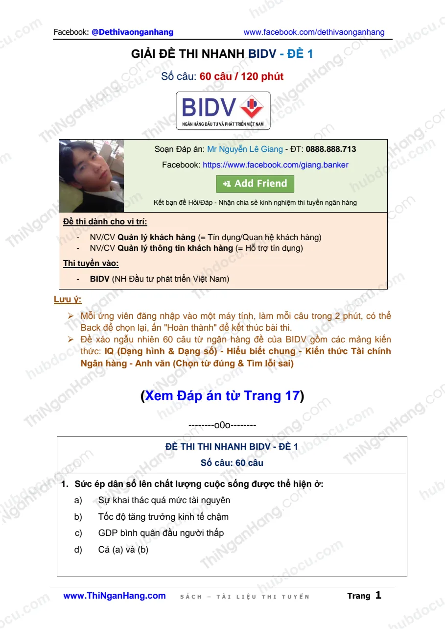 Giải đề thi nhanh BIDV (Full 60 câu) - Đề 1