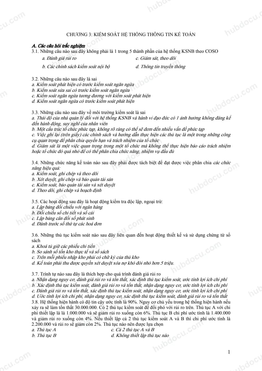 Trắc nghiệm về hệ thống kiểm soát thông tin kế toán