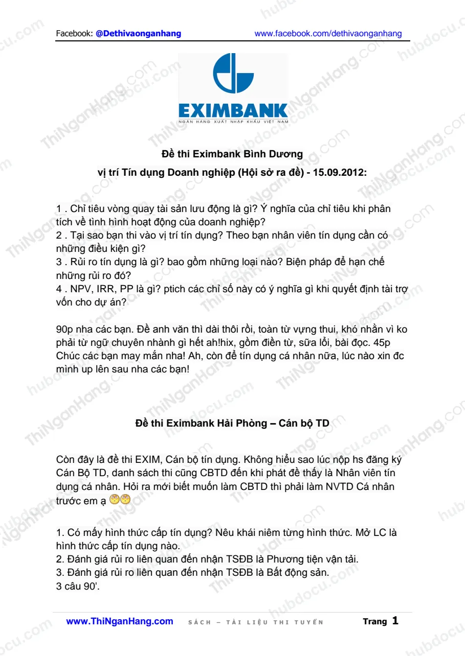 Tổng hợp đề thi Eximbank vị trí Tín dụng