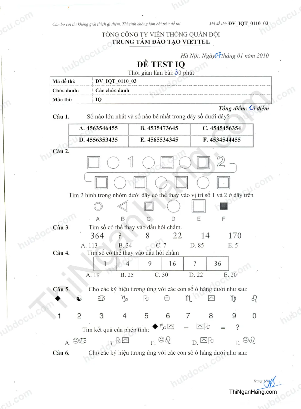 20 câu IQ thi Viettel - Đề 3 (Đáp án trang cuối)