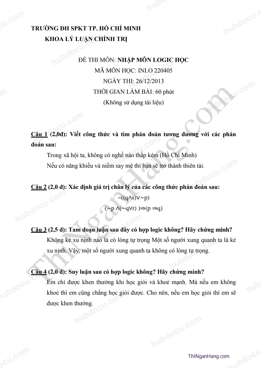 Đề thi nhập môn Logic học (có đáp án)
