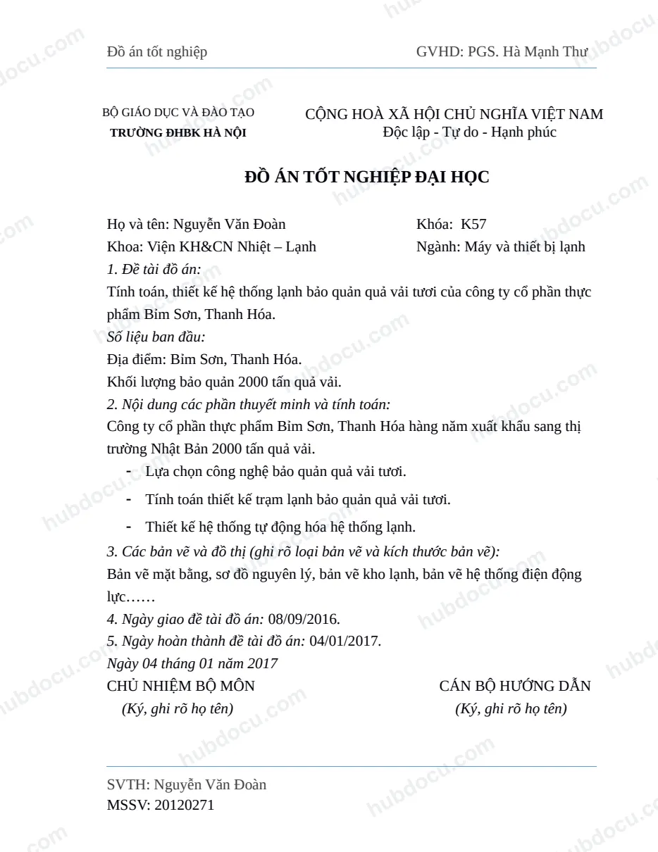 Đồ án_ Tính toán, thiết kế hệ thống lạnh bảo quản quả vải tươi của công ty cổ phần thực phẩm Bỉm Sơn, Thanh Hóa (có bản cad)
