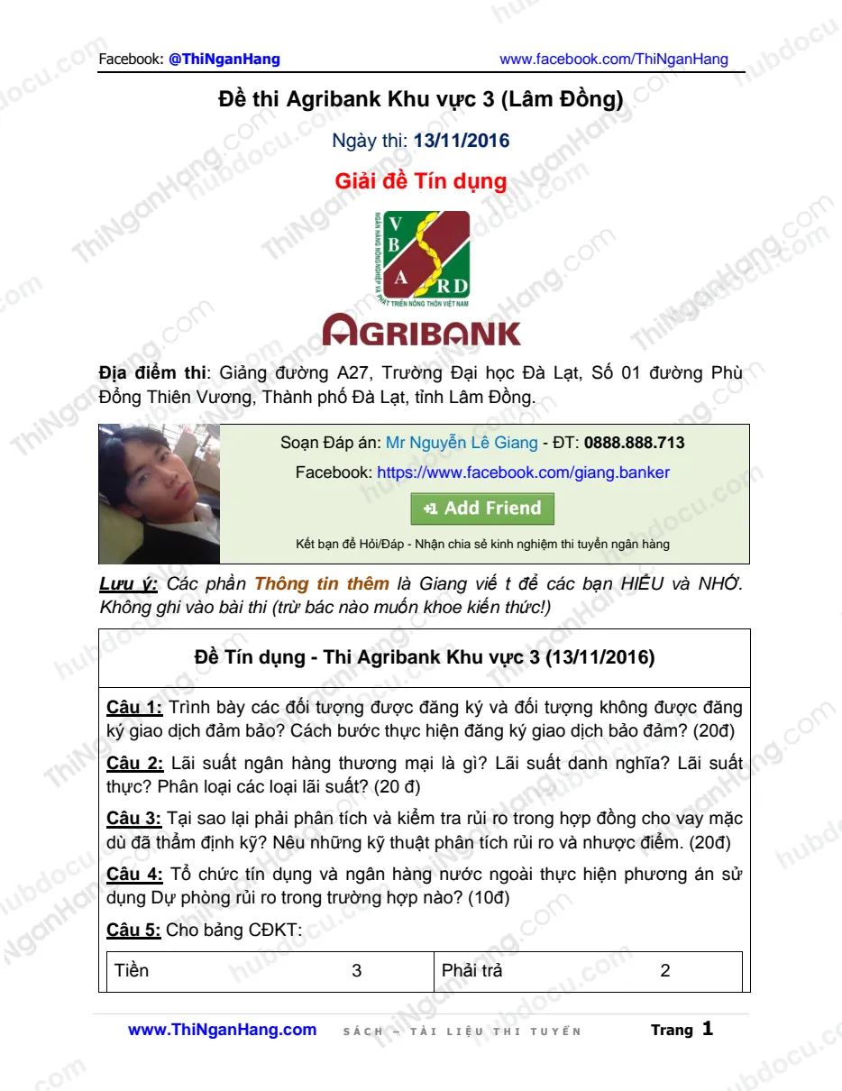 Đáp án Đề thi agribank KV3 (Tín dụng) ngày 13.11.2016 - CN Lâm Đồng