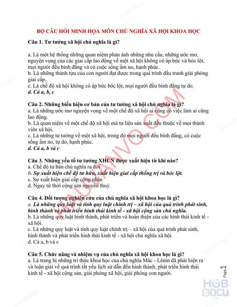 60 Câu hỏi và Đáp án Chủ nghĩa XHKH (Đã lọc bởi giáo viên)