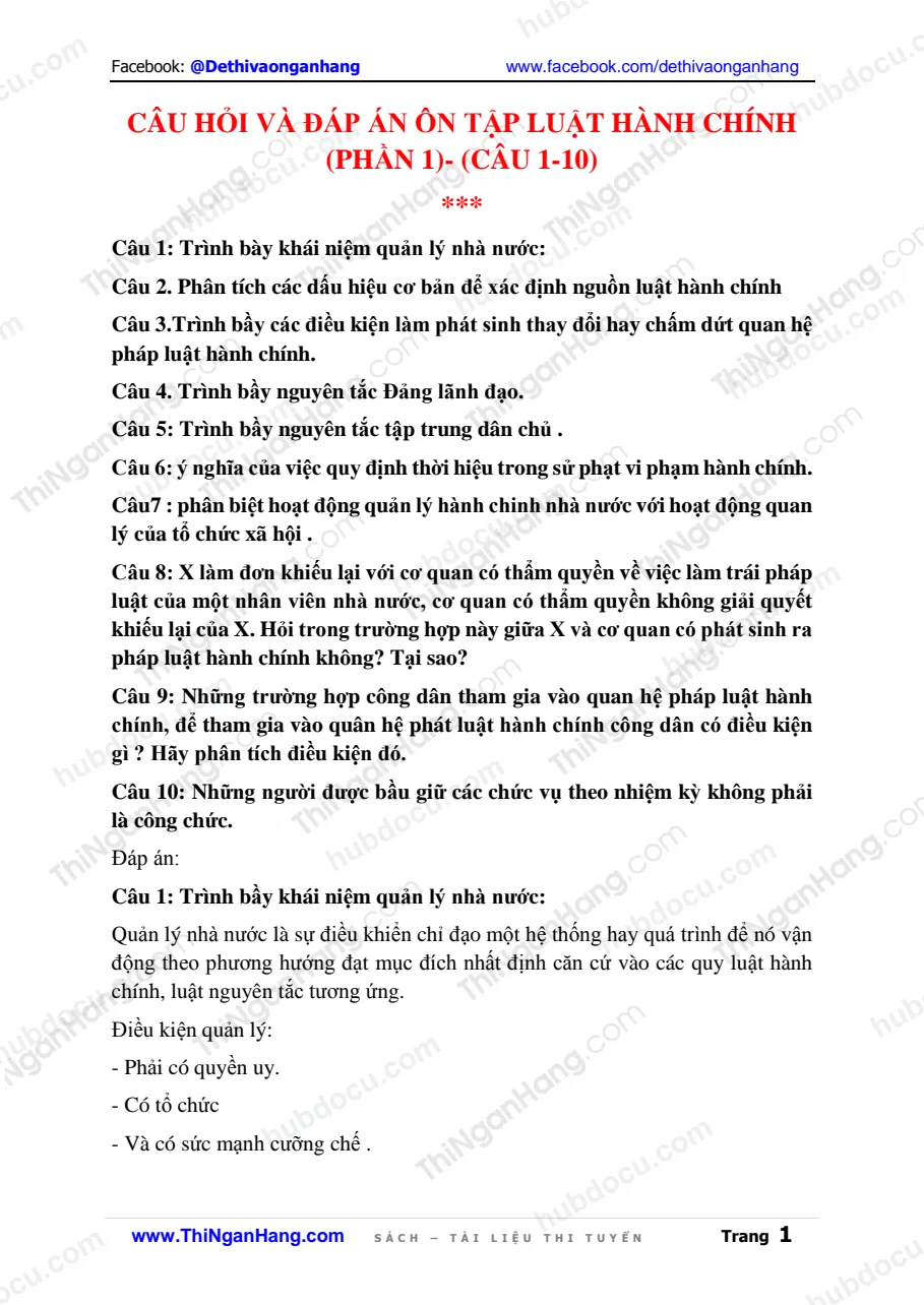 Câu hỏi và Đáp án ôn tập Luật Hành chính (Phần 1- Câu 1-10)
