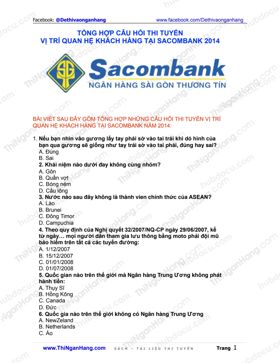 Tổng hợp câu hỏi thi CV Quan hệ khách hàng Sacombank 2014