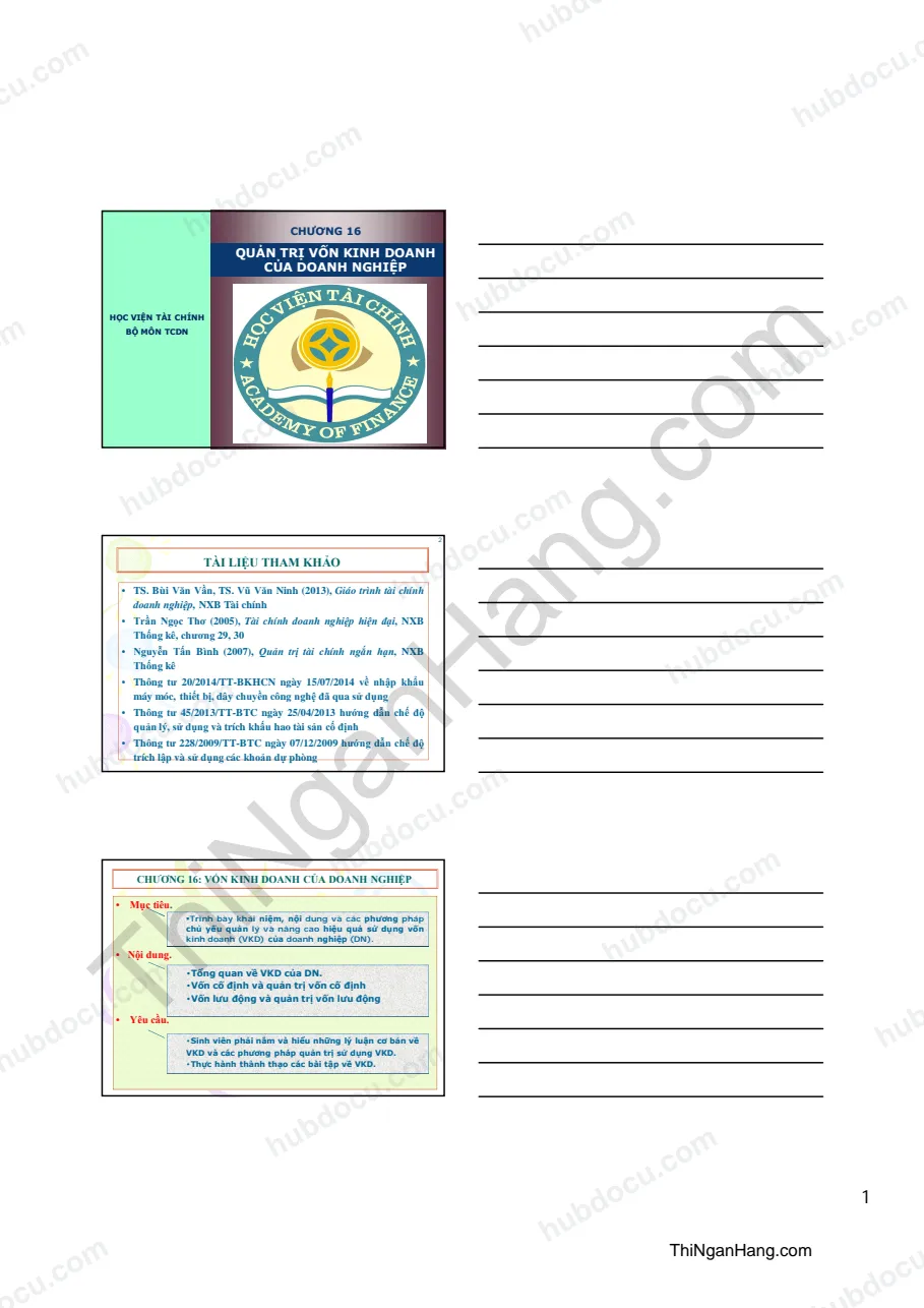 Slide Chương 16. Quản trị vốn kinh doanh của DN - Môn Tài chính doanh nghiệp (HVTC)