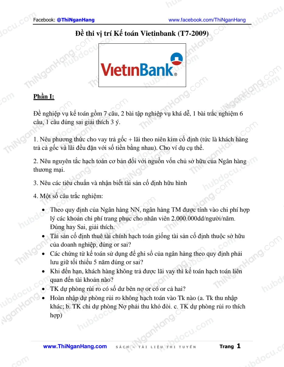 Đề thi Kế toán Vietinbank (T7-2009)