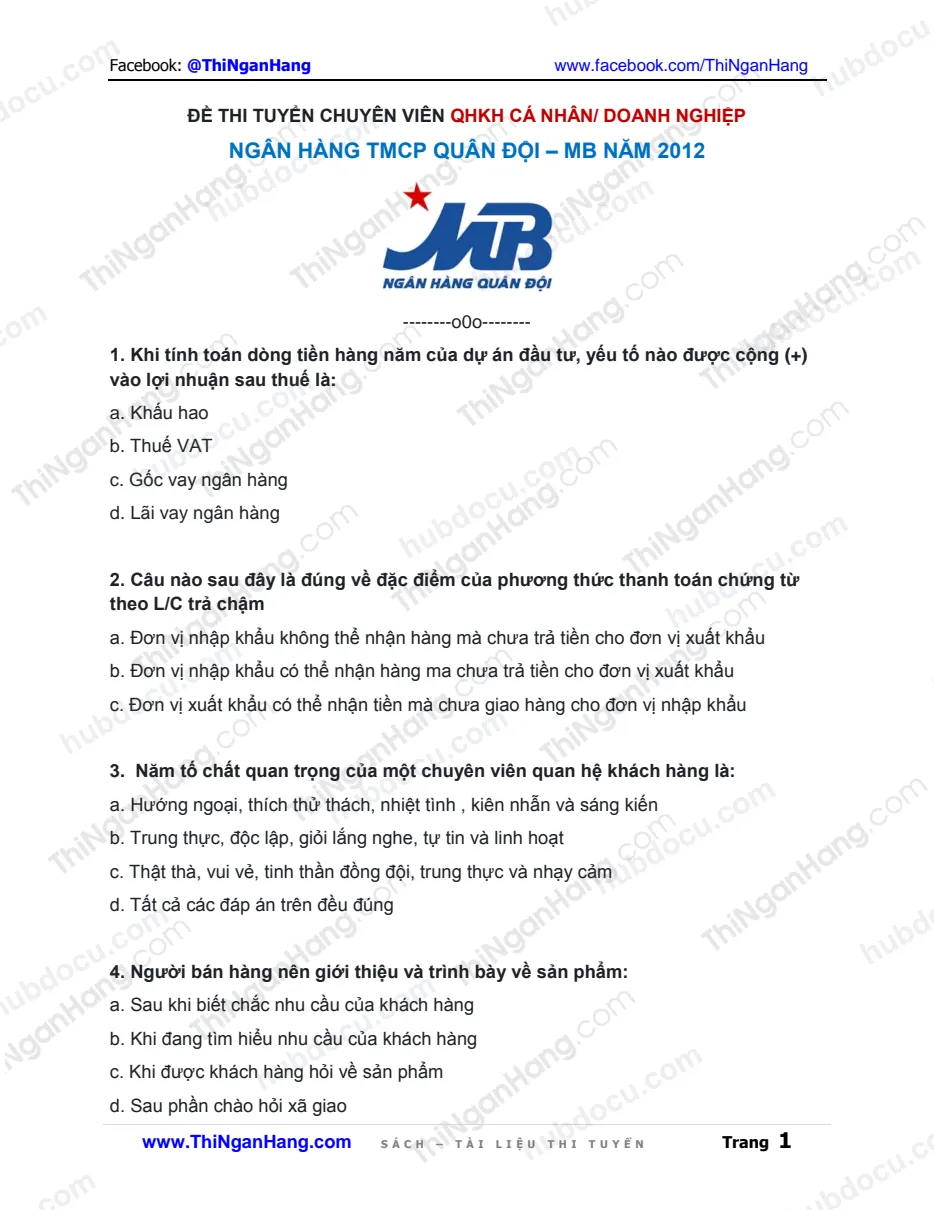 Đề thi tuyển CV QHKH cá nhân vào ngân hàng MB