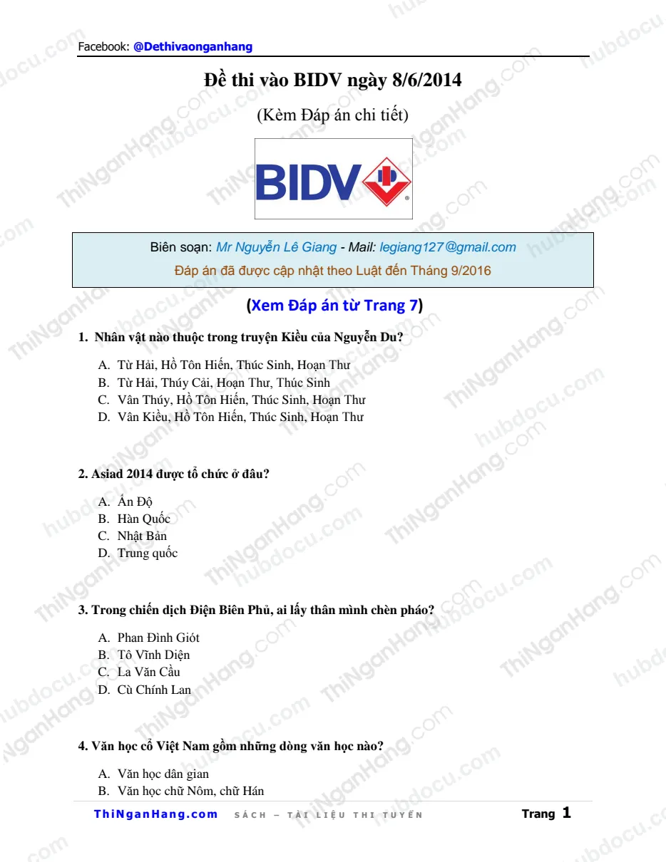 Đề thi BIDV ngày 8-6-2014 (kèm Đáp án chi tiết)