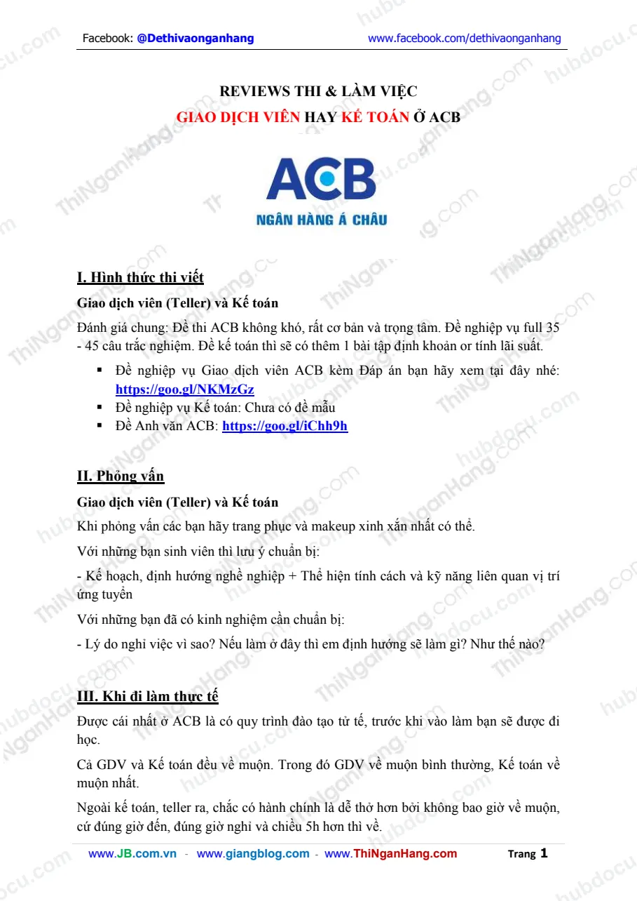 Reviews thi và làm việc Giao dịch viên (GDV) hoặc Kế toán tại ACB