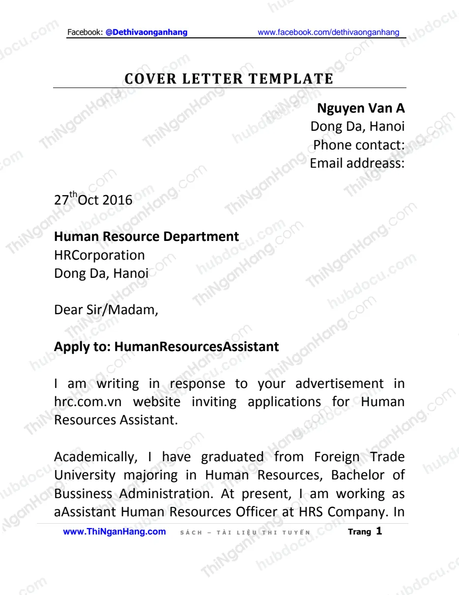 Mẫu Cover Letter tiếng Anh: Ngành nhân lực