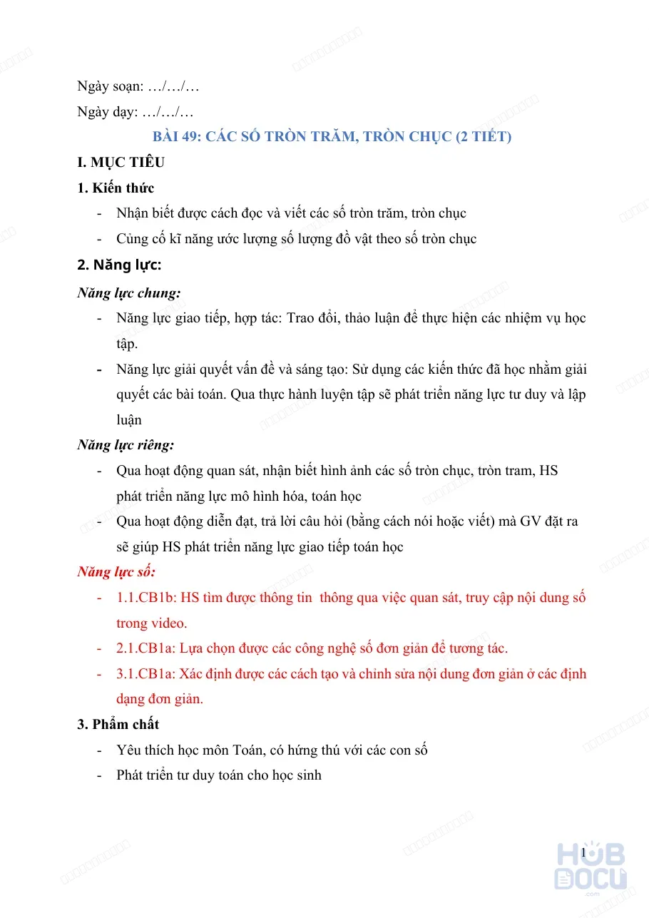 Giáo án Tích hợp năng lực số (Toán 2) - Bài 49. Các số tròn trăm, tròn chục