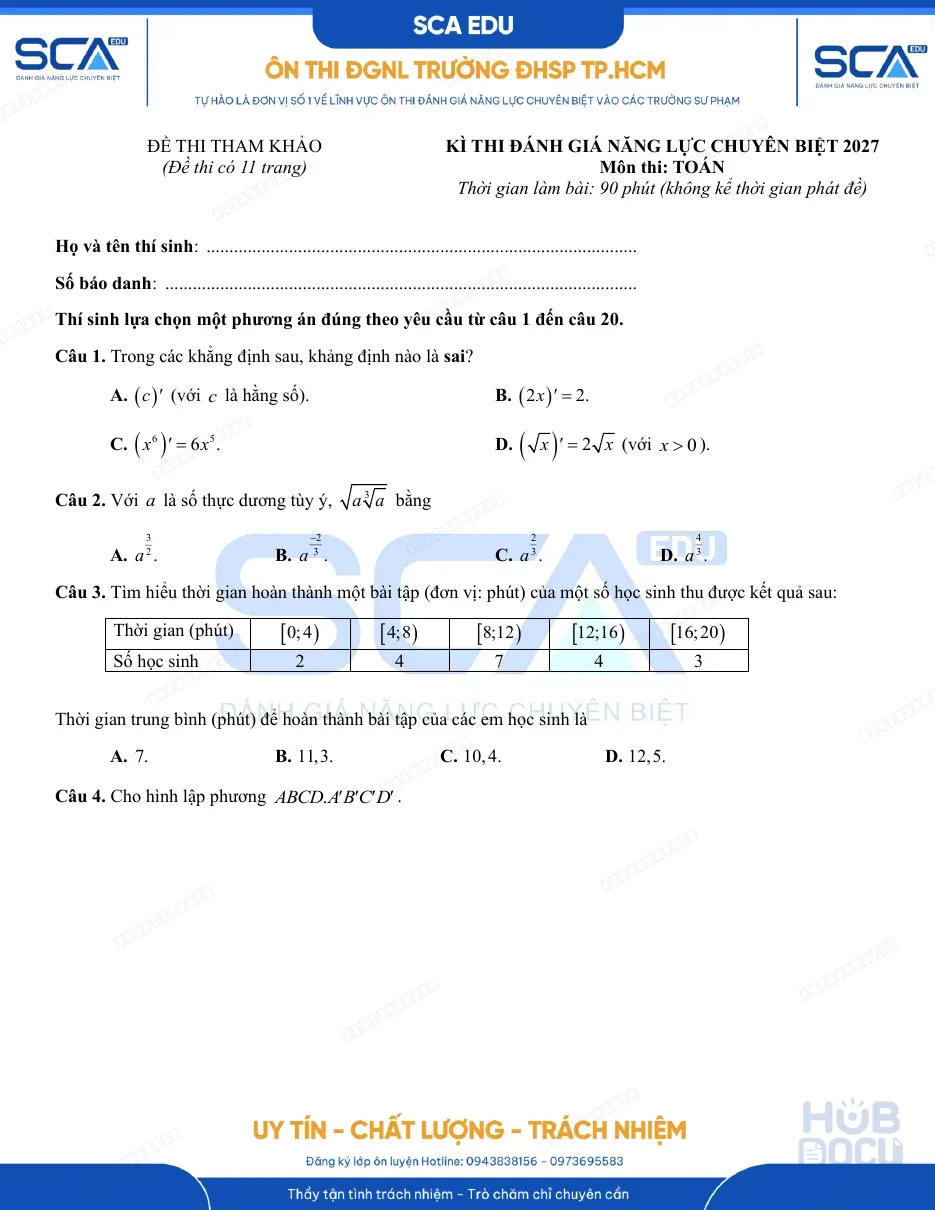 Đề thi tham khảo Đánh giá năng lực (H-SCA) SP.HCM môn Toán