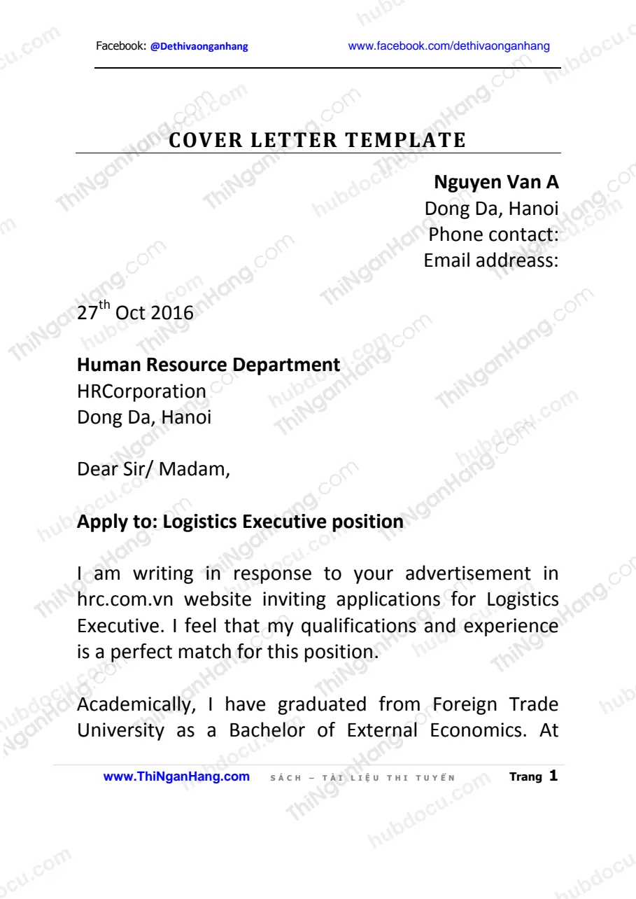 Mẫu Cover Letter tiếng Anh: Ngành Vận tải (Logistics)