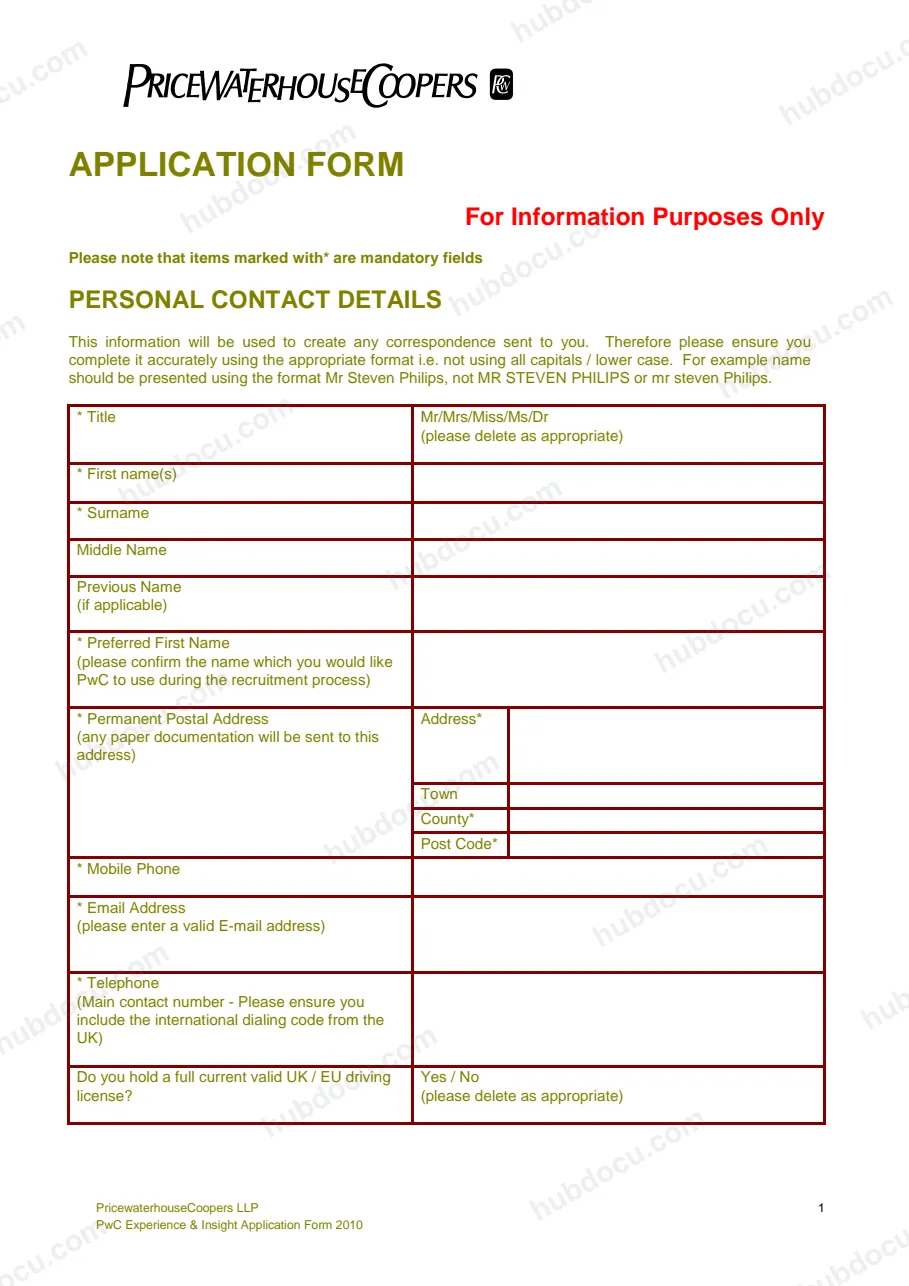 Mẫu CV PricewaterhouseCoopers (Application form PwC)