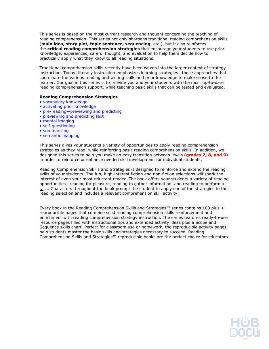 This series is based on the most current research and thought concerning the teaching of reading comprehension.doc