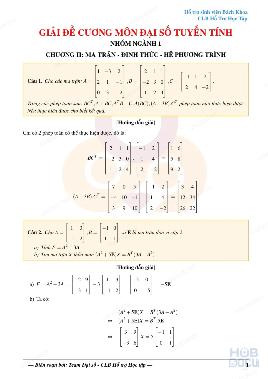Giải Đề cương Đại số - Chương 2 kỳ 2025 (CLB HTHT HUST)