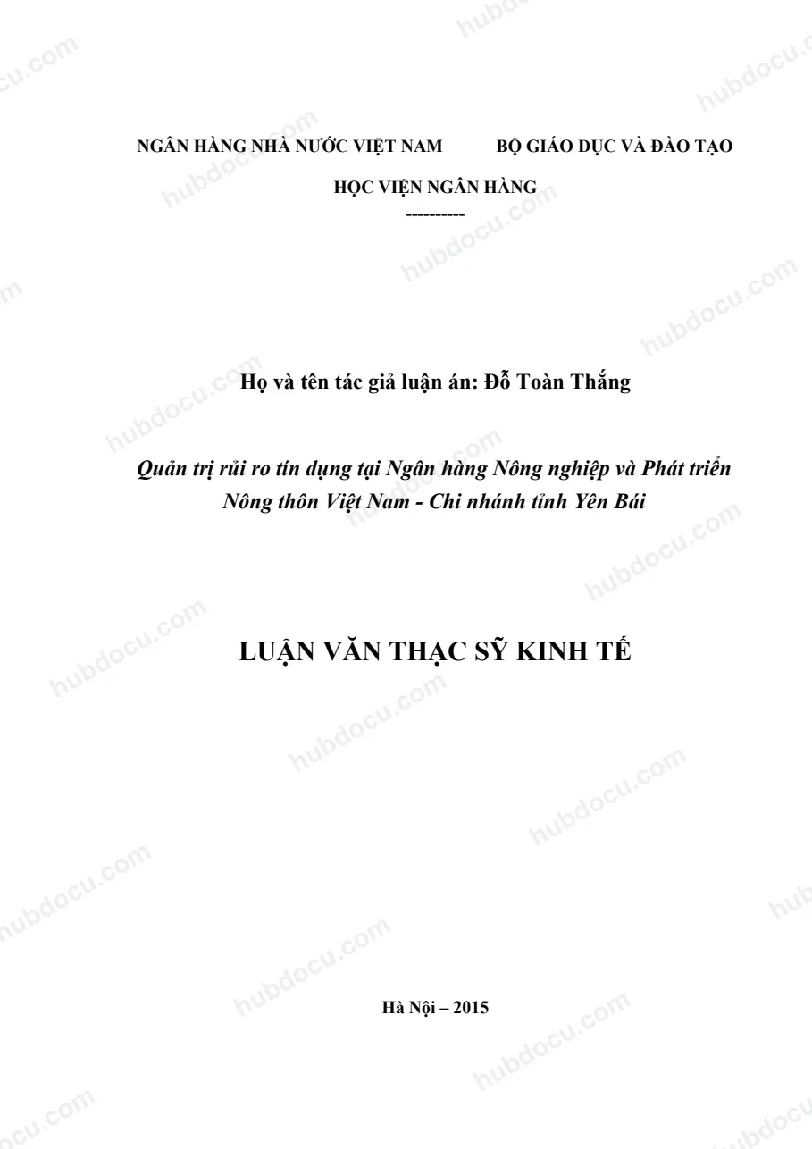 Luận văn thạc sĩ_ Quản trị rủi ro tín dụng tại Agribank Chi nhánh tỉnh Yên Bái