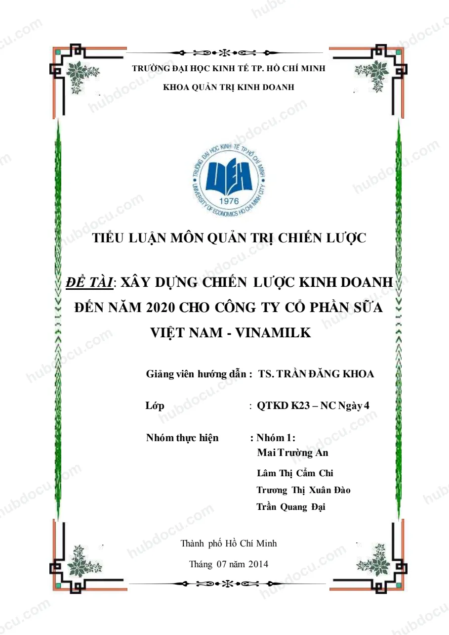 Tiểu luận xây dựng chiến lược kinh doanh của công ty Vinamilk đến năm 2020