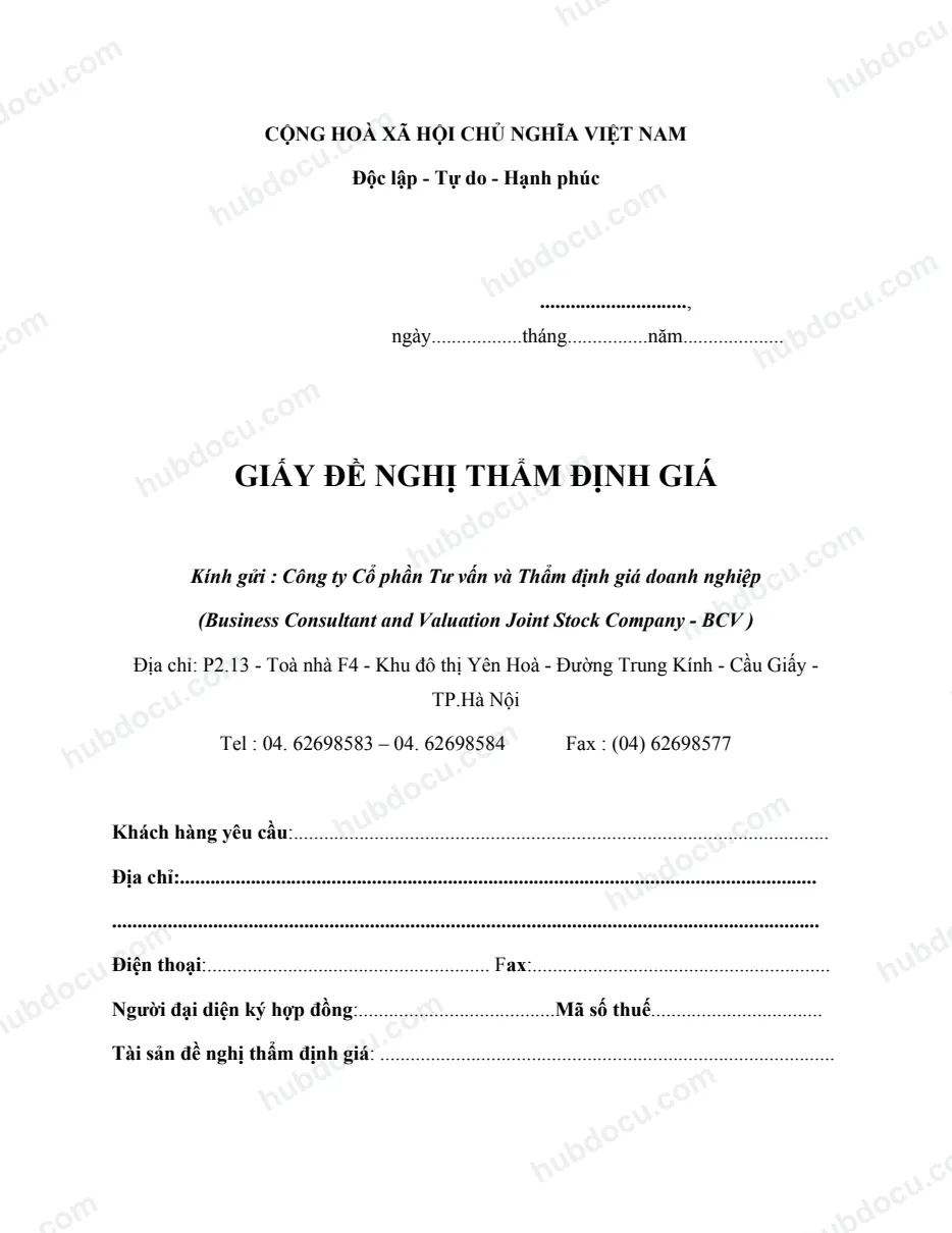 Đơn đề nghị thẩm định giá bất động sản