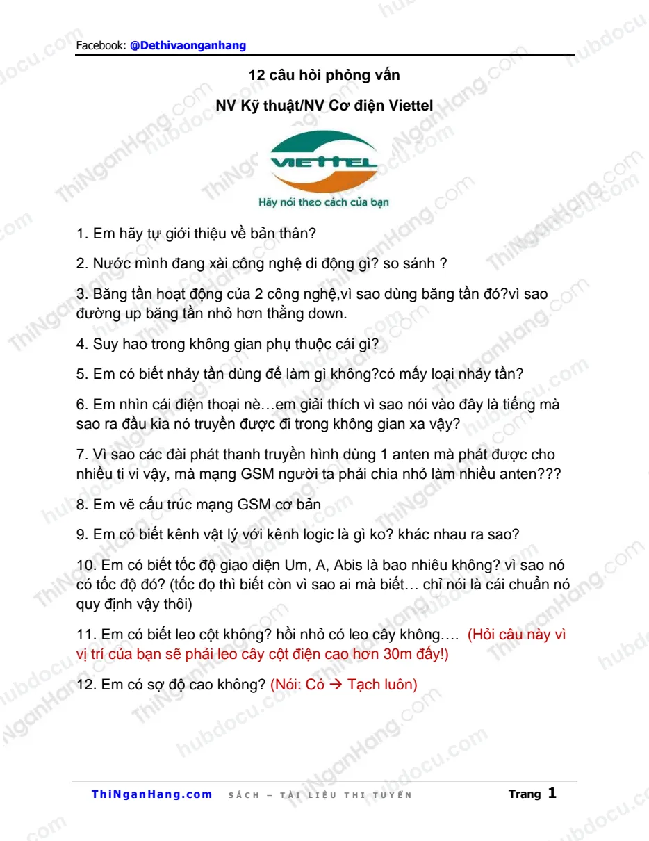 12 câu hỏi phỏng vấn NV Kỹ thuật-NV Cơ điện Viettel